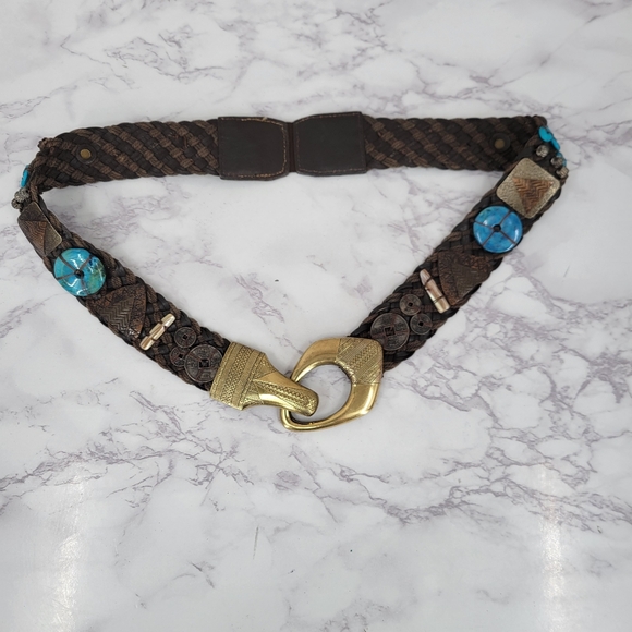 Vintage Accessories - Boho Belt with Faux Turquoise Stones Shells Metal and Beading Women's Hip Belt